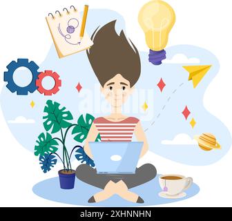 Junge Frau, die von zu Hause aus mit Laptop arbeitet und kreative Ideen generiert Stock Vektor