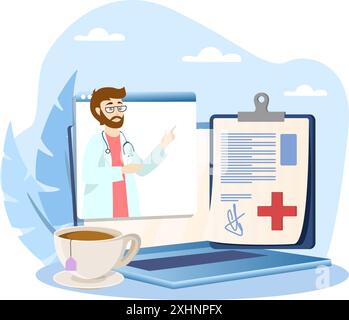 Arzt erklärt Diagnose auf Laptop-Bildschirm während der Online-Konsultation mit dem Patienten zu Hause Stock Vektor