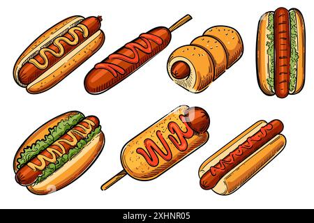 Set von handgezeichneten Hotdogs in verschiedenen Stilen, bunte Skizze Vektor Illustration isoliert auf weißem Hintergrund. Stock Vektor