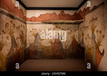 Fresko mit Landschaft im Frühling in Akrotiri, von der Insel Thera, dem heutigen Santorin, ein minoisches Fresko, National Archaeological M Stockfoto