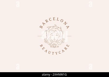 Schönheit Frau Gesicht mit Blume und Zweig Umriss Logo Design Vorlage Vektor Illustration. Schöne natürliche botanische weibliche Porträt Blumenblüte Stock Vektor