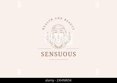 Antike weibliche Göttin Botanik Porträt Umriss Logo Design Vorlage Vektor Illustration. Botanisches Gesicht der floralen Frau mit Blume und Zweiglinie Retro Stock Vektor