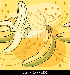Nahtloses Muster von Hand gezeichnete frische gelbe Banane mit Schale. Ganze und halbe tropische Früchte im Doodle-Stil. Vektorabbildung. Stock Vektor