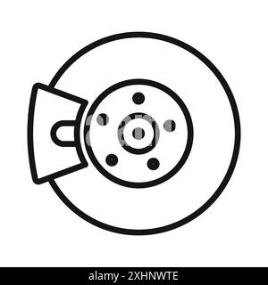 Autobremsscheibe mit Bremssattel Symbol Schwarzer Linie Kunstvektor in schwarz-weiß Umrissset Sammlungsschild Stock Vektor