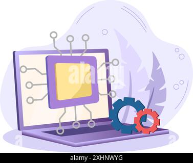 Illustration des Entwicklungsprozesses künstlicher Intelligenz mit Laptop-Computer Stock Vektor