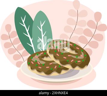 Zwei Schokoladen-Donuts mit grünen und rosa Streuseln liegen auf einem Teller Stock Vektor