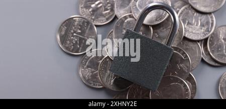 Vorhängeschloss auf Münzen, finanzielle Sicherheit und Schutz Finanzen Stockfoto