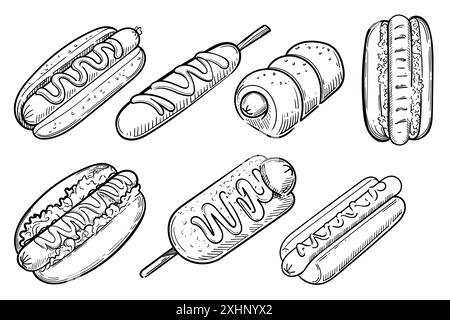 Set von handgezeichneten Hotdogs in verschiedenen Stilen, monochrome Skizze Vektor Illustration isoliert auf weißem Hintergrund. Stock Vektor