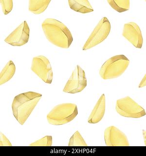 Weiße Kartoffeln, geschält in Scheiben geschnitten. Aquarellillustration, handgezeichnet über das Thema Ernte, Kochen, Lebensmittel, Verpackung, Gemüseladen Design. Nahtlos Stockfoto