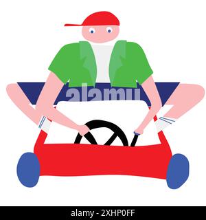 Abstrakte Illustration einer Person mit verlängerten Gliedmaßen in grünem Hemd, blaue Shorts, fahrendes rotes Go-Kart, auf weißem Hintergrund. Rennen Stock Vektor