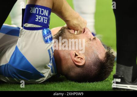 Argentinas Stürmer Lionel Messi gestubt in Schmerz während des Copa America USA 2024 Endspiels zwischen Argentinien und Kolumbien im Hard Rock Stadium, am 14. Juli 2024 MIAMI UNITED STATES Copyright: XALEJANDROxPAGNIx Stockfoto