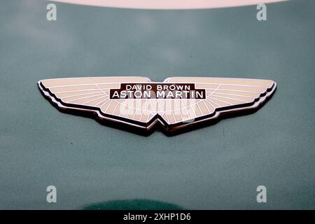 Legendäres Logo aus lackiertem David Brown Aston Martin auf einem grünen Sportwagen von Le Mans in Metallic-Optik. Stockfoto