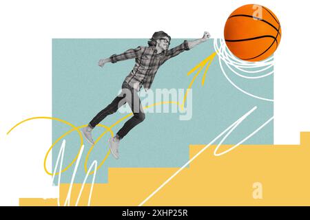 Trend-Artwork Skizzenbild Composite-Foto-Collage von dynamischen Sport Aktivität Übung Anstrengung Power Mann Spiel Basketball Sportler Stockfoto