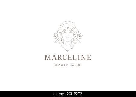 Romantische schöne Frau Blumenporträt Umriss Logo Design Vorlage Vektor Illustration. Schöne botanische Frauenbüste mit Blumen und Zweigminima Stock Vektor