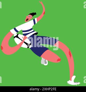 Abstrakte, kreative Illustration eines amerikanischen Fußballspielers mit langen Körperteilen, gestreiftem Jersey und blauen Shorts, der Ball hält und auf Grün läuft Stock Vektor