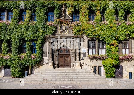 DEUTSCHLAND, QUEDLINGBURG - 06. September 2023: Antike braune Holztür aus historischem Rathaus in Quedlinburg. Stockfoto