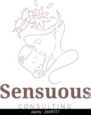 Mutter und Baby Blumenblüte Porträt kontinuierliche Linie Logo Design Vorlage Vektor Illustration. Glückliche Familie Mutterschaft Liebe und Pflege Umriss Logotyp Stock Vektor