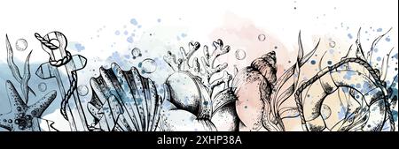 Meerestiere mit Anker, Rettungsschirm und Lenkrad. Abbildung einer grafischen Strichgrafik in Schwarzweiß, handgezeichnet. Horizontale Platine für Stock Vektor