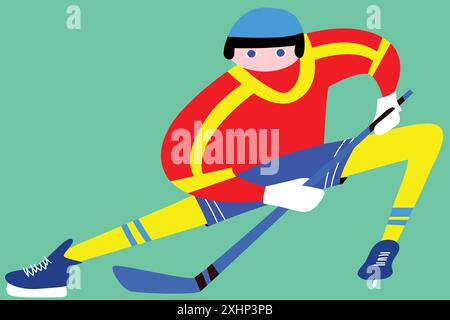 Abstrakte Illustration eines Hockeyspielers mit verlängerten Gliedmaßen in roter, gelber und blauer Kleidung, der Hockeyschläger auf hellem Türkis hält Stock Vektor