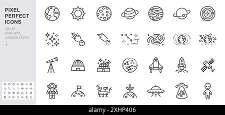 Symbolsatz für Astronomie-Linie. Weltraumplanet, Erde, Mond, Sonne, Galaxie, Raketen-Astronaut, Alien-Minimal-Vektor-Illustrationen. Einfache Umrisszeichen für den Kosmos Stock Vektor