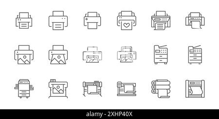 Symbolgruppe für Druckerzeile. Großformatdruck, Plotter, Scanner, Schneidemaschine minimale Vektorabbildungen. Einfache Umrissschilder für Druckerei Stock Vektor