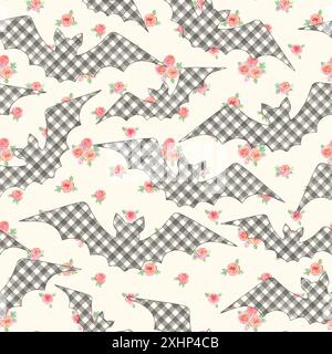 Halloween Aquarellgrunge nahtloses Muster mit gestreiften karierten Gingham-Silhouetten von fliegenden Fledermäusen auf Rosen Hintergrund. Handgezeichnete Aquarelltextur. Stockfoto