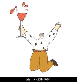 Weinliebhaber. Glückliche Person mit einem riesigen Weinglas. Niedlicher Charakter mit Alkoholgetränk. Vektor-handgezeichnete Illustration isoliert auf weißem Hintergrund. Stock Vektor