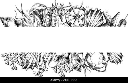 Meerestiere mit Anker, Rettungsschirm und Lenkrad. Abbildung einer grafischen Strichgrafik in Schwarzweiß, handgezeichnet. Horizontale Platine Stock Vektor