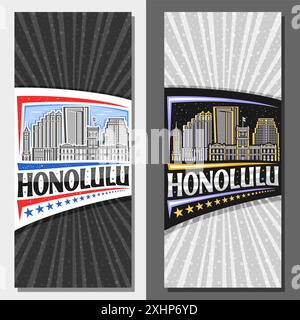 Vertikale Vektorlayouts für Honolulu, dekoratives Faltblatt mit Illustration der Stadt honolulu auf Tag- und Nachthimmel Hintergrund, Kunst Design Tour Stock Vektor