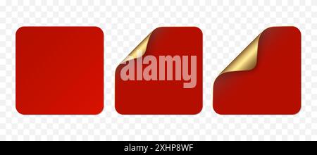 Vektor rot realistische Papier Aufkleber, verkaufen Tags isoliert auf transparentem Hintergrund. Set von quadratischen Sticker gebogen mit goldenen Ecken und weichen Schatten. Stock Vektor