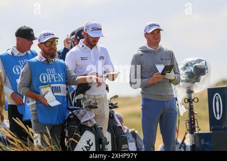 Troon, Großbritannien. Juli 2024. Tiger Woods, Justin Thomas und Max Homa, drei amerikanische Profi-Golfspieler, üben gemeinsam im Royal Troon Golf Club, Troon, Ayrshire, Schottland, Großbritannien, vor dem Beginn der 152. Open Championships. Quelle: Findlay/Alamy Live News Stockfoto