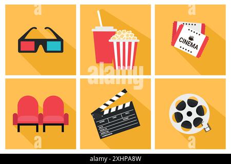 Filmsymbole im Kino eingestellt. 3D-Gläser, Popcorn-Eimer und Limonade, Kinokarten, Stühle, Klatschbrett und Filmrolle. Filmsymbole im flachen Stil Stock Vektor