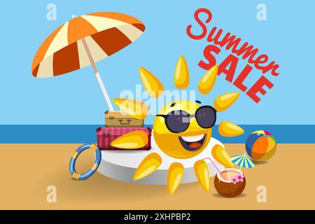 Banner Sommerangebot Sun Cartoon Charakter am Strand Stock Vektor