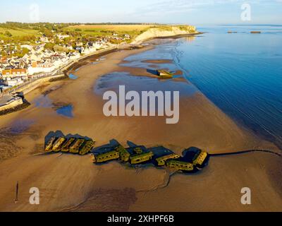 Frankreich, Calvados, Arromanches les Bains, historischer Ort der Landungen in der Normandie, Mulberry B Überreste, Port Winston, Phoenix Breakwaters, Gold Beach, A Stockfoto