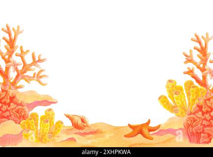 Unterer Rahmen oder Rand mit Cartoon-Korallenriff. Unterwasser-LIFE horizontale Platte zur Dekoration von Plakaten, Postkarten, Souvenirs, Drucke, Bannern Stockfoto