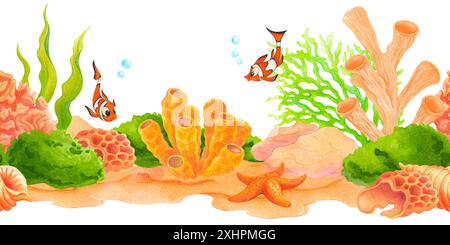 Nahtlose Grenze mit Korallenriff. Handgezeichneter Bodenrahmen mit Korallen, Algen, Seesternen, tropischen Fischen für Reisebanner und Karte Stockfoto