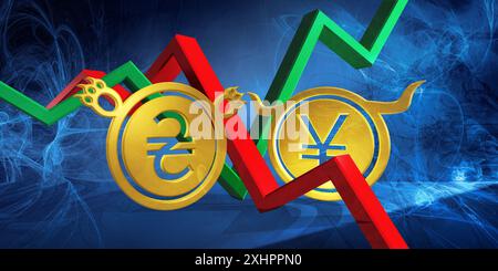 Devisenmarkt von japanischem Yen oder chinesischem Yuan zu ukrainischer Hrywna 3d Illustration. Geld wird als goldene Münzen dargestellt. Bullish jpy oder cny auf Stockfoto