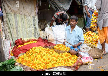 Verkäufer und Bauern aus verschiedenen Teilen Westbengals verkaufen Blumen auf Mallick oder Jagannath Ghat, dem größten Blumengroßmarkt Asiens. Kalkutta, Stockfoto