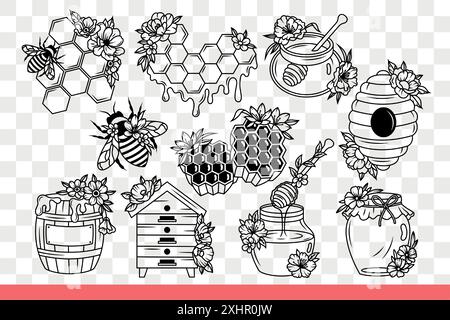 Bienen machen Honig in der Nähe von Waben und Nest oder Gläser mit Fässern gefüllt mit Sirup. Honig aus der frischen Ernte, ohne Zuckerzusatz, vom Imker in der Imkerei gesammelt. Handgezeichnete Kritzelei Stock Vektor