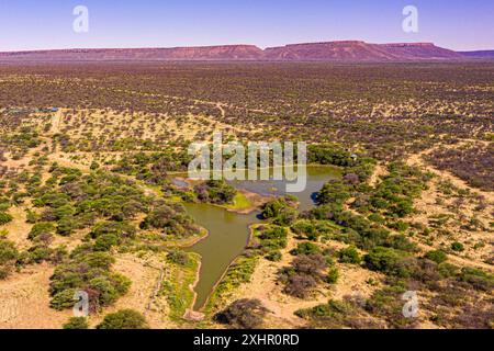 Namibia, Otjozondjupa Region, Otjiwarongo, Cheetah Conservation Fund (CCF), Luftaufnahme, das Waterberg-Hochplateau im Hintergrund (Luftaufnahme) Stockfoto