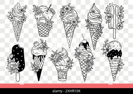Süßes Eis am Stock oder im Waffelbecher ist mit Sommerblumen dekoriert. Köstliches Desserteis aus natürlicher Milch, um bei heißem Wetter Durst und Hunger zu stillen. Handgezeichnete Kritzelei Stock Vektor
