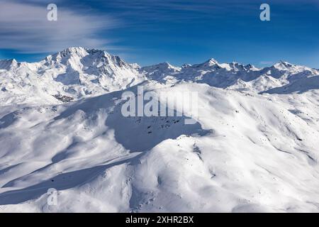 Frankreich, Savoie, Vanoise Massiv, Skigebiet der drei Täler, Saint Martin de Belleville, Les Menuires, vom Gipfel der Pointe de la Masse, VI Stockfoto