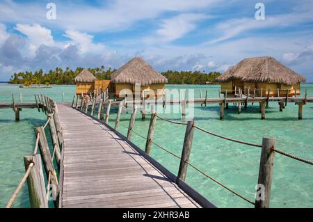 Französisch-Polynesien, Insel Taha'a, Holzstege, die die Bungalows auf Stelzen verbinden, die sich auf der türkisfarbenen Lagune des Taha'a Pearl Resort Hotels befinden Stockfoto