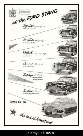 1954 Ford auf der Earls Court Motor Show, mit seinem britischen Sortiment von populär-Anglia-Präfekt-Konsul-Zephyr6 bis hin zu luxuriösem Zodiac am Stand 137 Earls Court London UK Stockfoto