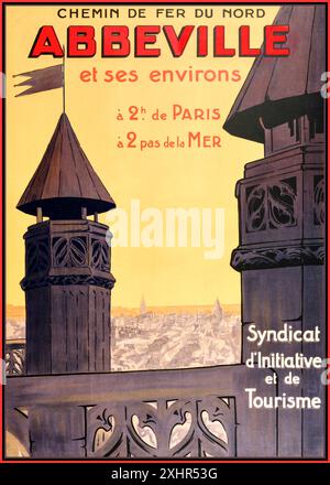 REISEPLAKAT ABBEVILLE SOMME FRANCE 1920er Jahre Chemin de Fer du Nord Schienenverkehrsposter für die französische Provinz Abbeville. Abbeville ist eine Gemeinde im Departement Somme und in der Region Hauts-de-France in Nordfrankreich. Es ist der Chef-statt eines der Arrondissements von Somme. Am Fluss Somme gelegen, war es die Hauptstadt von Ponthieu. Seine Bewohner werden Abbevillois genannt. Ausstellungsland: Frankreich 1920er Jahre Stockfoto