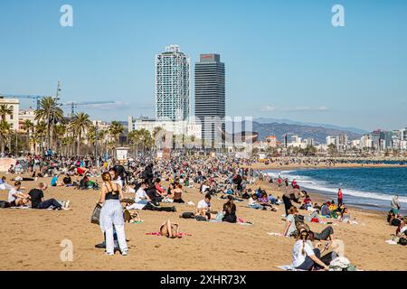 Menschenmassen füllten den Strand / saßen am barceloneta Strand in Barcelona, Spanien, Massentourismus Stockfoto