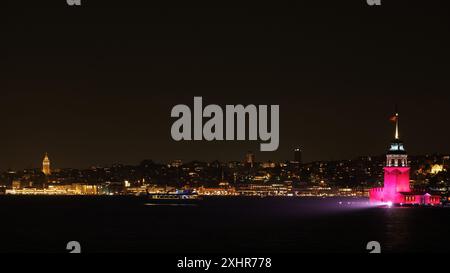 Ein Nachtfoto mit Langzeitbelichtung zeigt eine synchronisierte Lichtshow zwischen dem Maidenturm (Kız Kulesi) und dem Galatenturm in Istanbul. Stockfoto