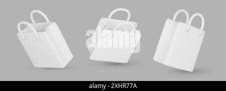 Set aus weißer Einkaufstasche mit realistischem 3D-Design. Stilvolle modische Tasche isoliert auf weißem Hintergrund. Farbige Kollektion. Vektorabbildung Stock Vektor