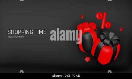 Holiday Black Friday Sale. Realistische 3D-Objekte Geschenkbox, Einkaufstasche, Prozentzeichen, fallendes Geld. Vektorabbildung Stock Vektor