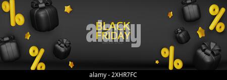 Holiday Black Friday Sale. Realistische 3D-Objekte Geschenkbox, Einkaufstasche, Prozentzeichen, fallendes Geld. Vektorabbildung Stock Vektor